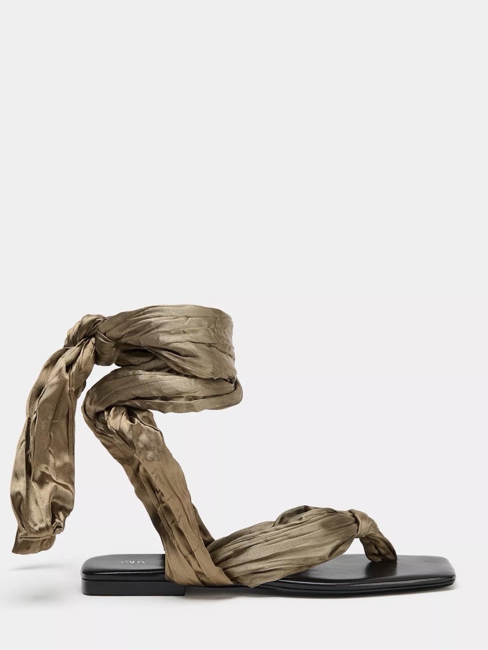 Zara Olive Satin Ankle-Tie Flat Sandal - Picture 1 of 4
